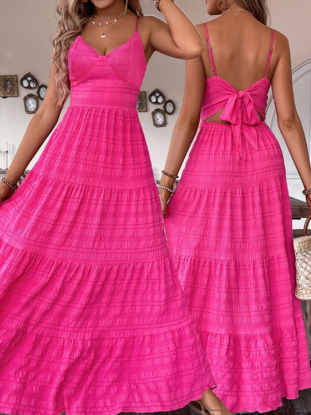 Boho hot pink textured cutout tie back spaghetti straps maxi dress